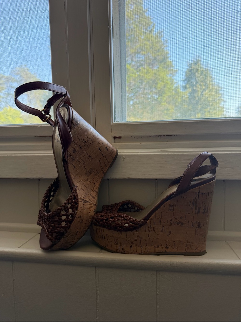 Guess Brown Woven Cork Wedge Sandals